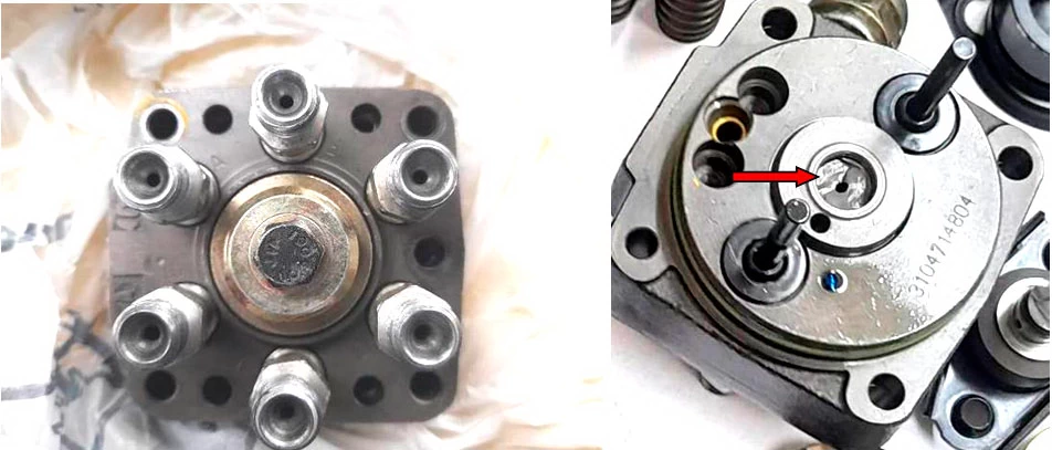 Фото 7,8. Фланец распределитель и разрушенный плунжер – показан красной стрелкой