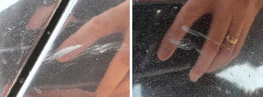 Фото 19,20. Характер задиров, потёртостей, царапин и рисок на ЛКП переднего бампера