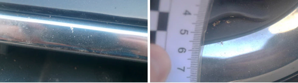 Фото 21,22. Сколы на хромированном покрытии решётки радиатора