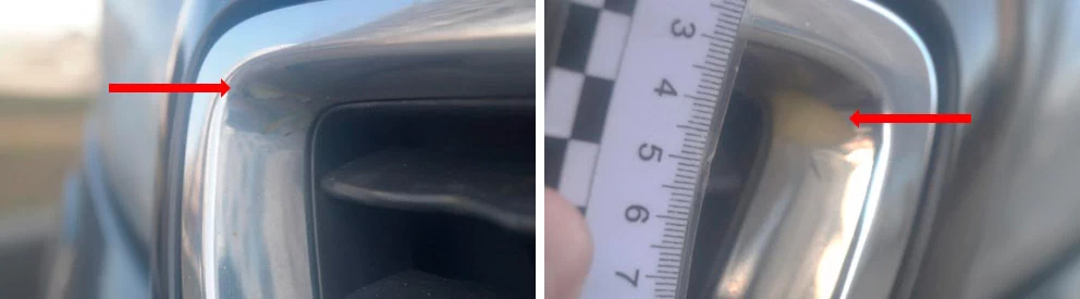 Фото 24,25. В верхних углах решётки радиатора отсутствуют фрагменты хромированного покрытия (показано красной стрелкой)