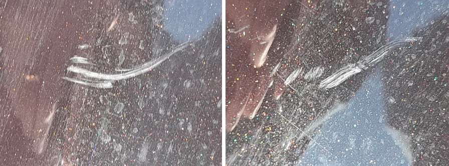 Фото 33,34. Характер задиров, потёртостей, царапин и рисок на переднем левом крыле