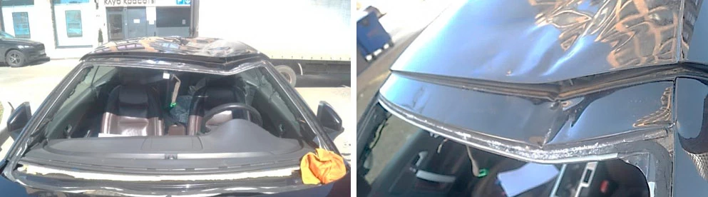 Фото 38,39. Лобовое стекло разрушено. Верхняя, передняя рама крыши и передняя поперечина крыши деформированы