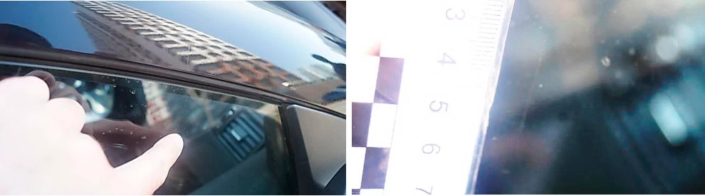 Фото 55,56. Царапина на стекле передней правой двери