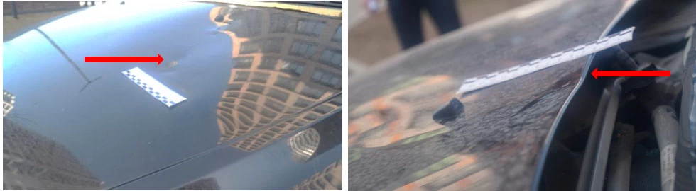 Фото 8,9. Места деформации капота (показано красной стрелкой)