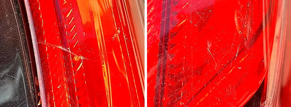 Фото 96,97. Потёртости, царапины и риски на рассеивателе заднего левого фонаря