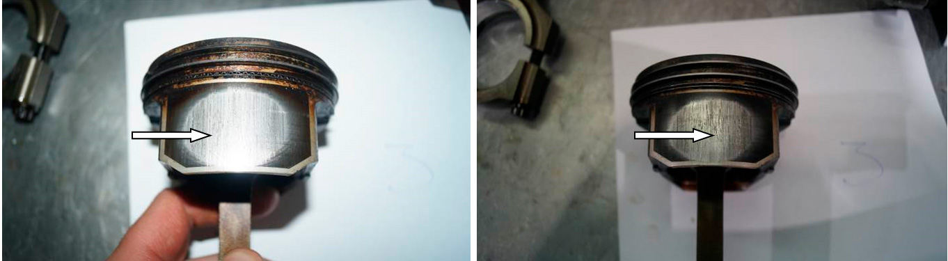 Фото 15,16. Повреждения на юбке поршня 3-го цилиндра