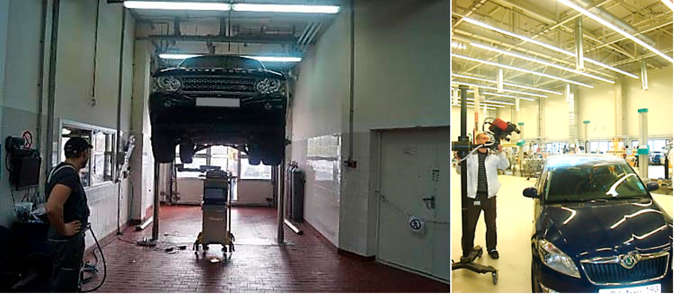 Фото 2,3. Измерение базовых точек кузова при помощи специального измерительного оборудования