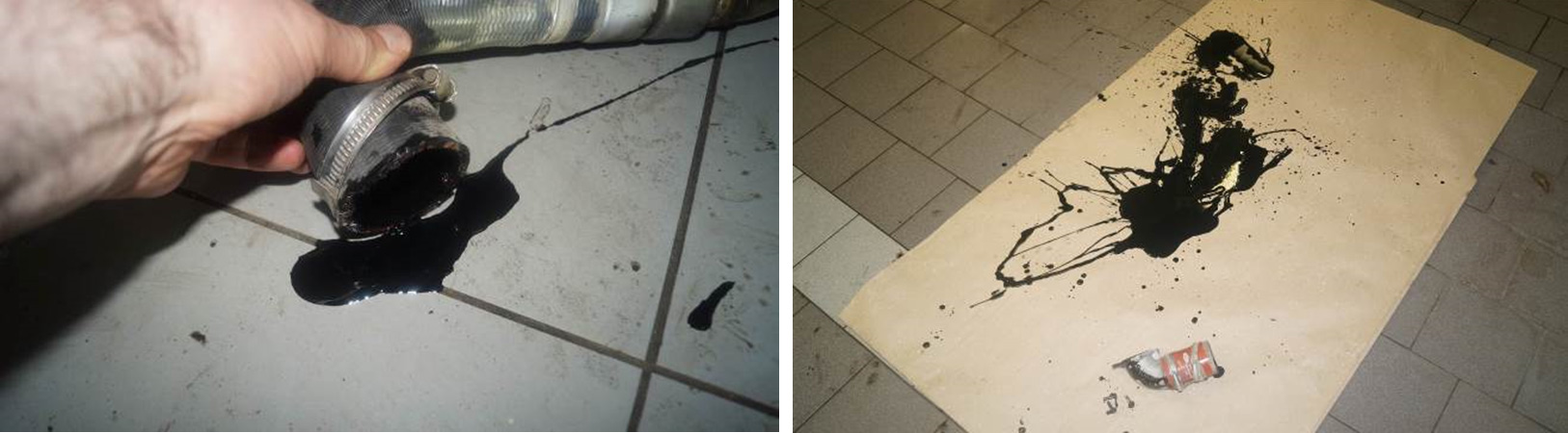 Фото 3,4. Масло в патрубке интеркуллера вытекшее на пол