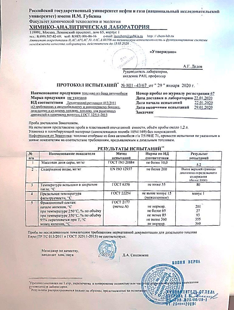 Заключение по химическому составу топлива, масла на одной странице