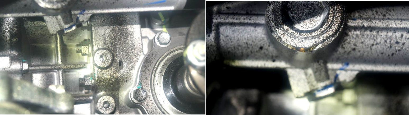 Фото 3,4. Масляные наложения и течь масла через прокладки корпуса коробки передач; течь и каплепадение масла из корпуса рулевой рейки