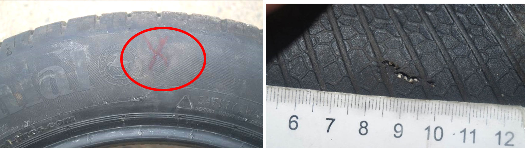 Фото 3,4. Место вздутия и разрыв резины шины